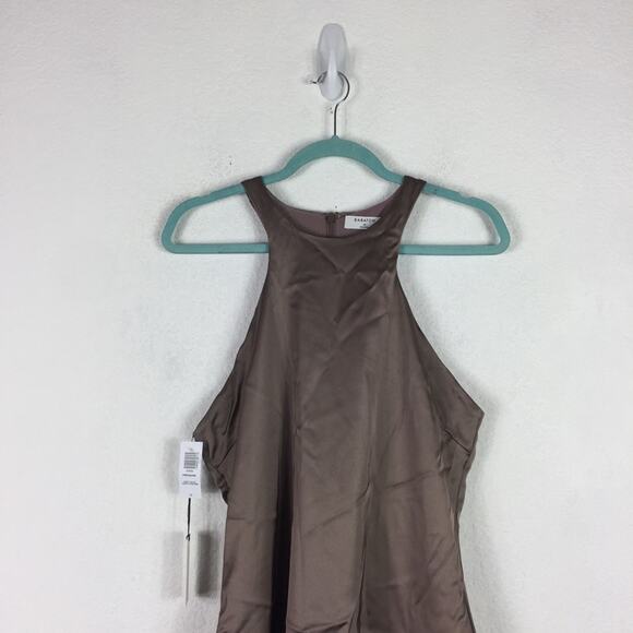 Aritzia Babaton Satin Mini Dress 10 Pressure 90s Taupe High Shine Racer Back - Picture 4 of 16